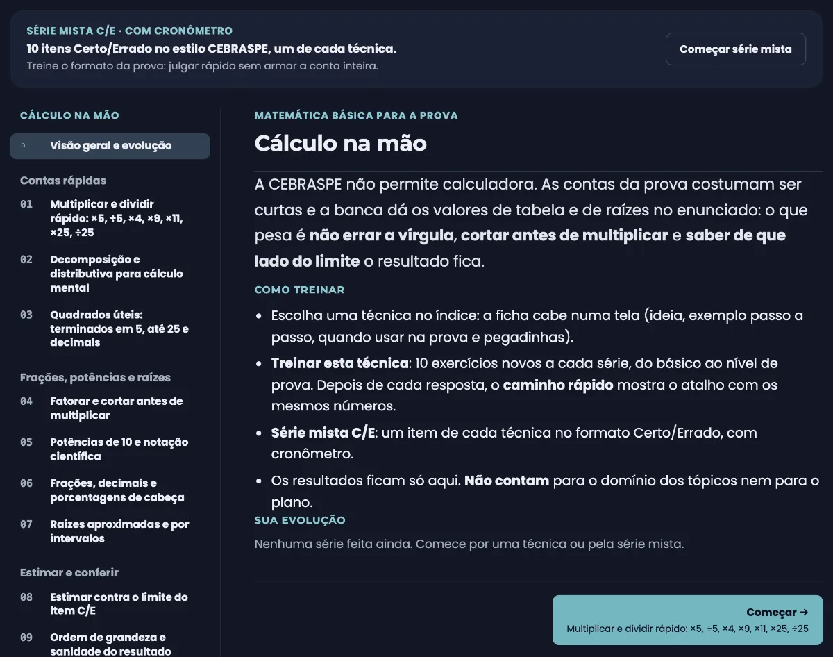 Tela Cálculo na mão no tema escuro: a série mista com cronômetro, o índice de técnicas de contas rápidas e frações e a explicação de como treinar.