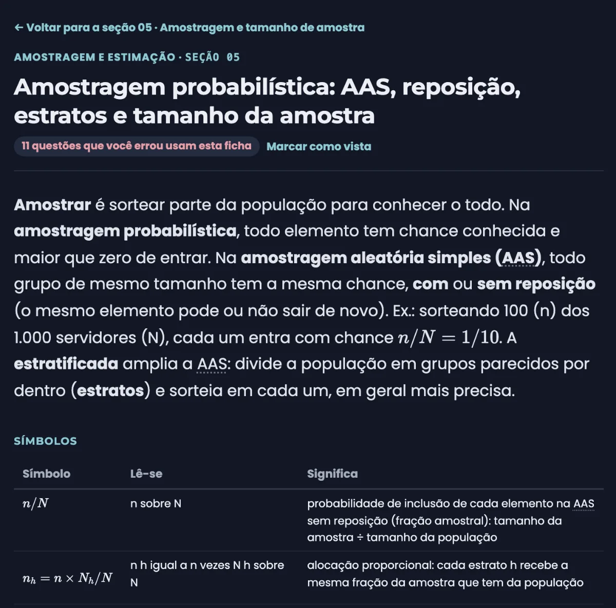 Ficha de amostragem probabilística no tema escuro, com o aviso de que 11 questões erradas usam esta ficha, a explicação do zero e a tabela de símbolos com como se lê e o que significa.