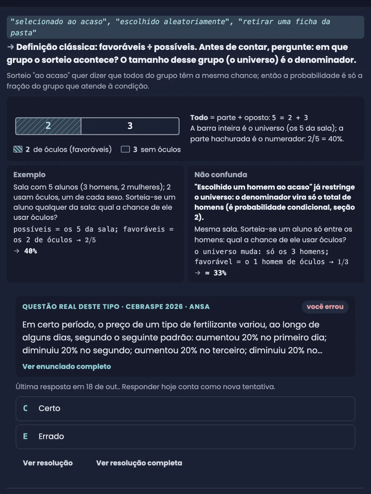 Trecho da Teoria no tema escuro: o sinal do enunciado, a definição, um esquema de barra com a parte favorável hachurada, exemplo e não confunda, e uma questão real CEBRASPE com as alternativas Certo e Errado.